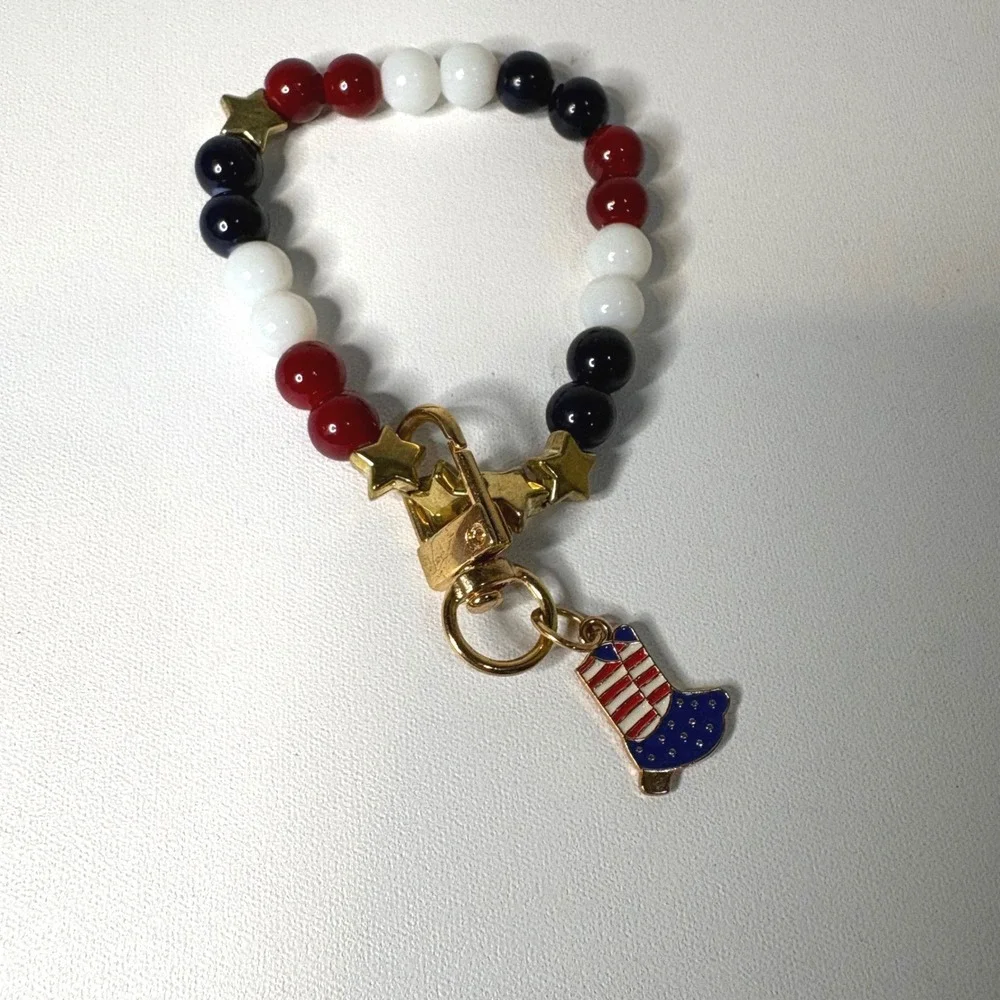 Patriotic Red White Blue Beaded Bracelet Gold Star Cowboy Boot Charm Americana